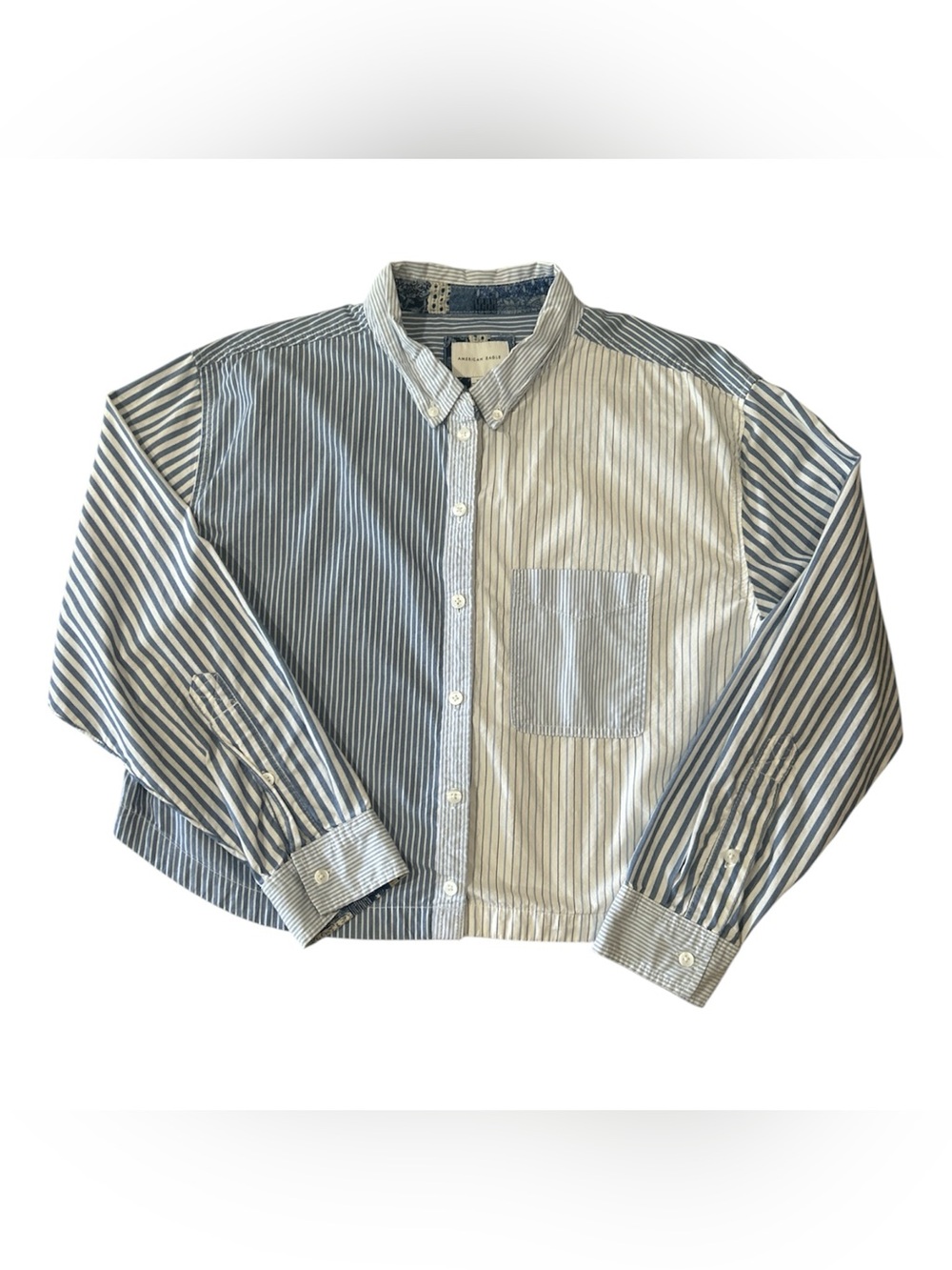 American Eagle Blue & White Striped Crop Button-Down Shirt Sz M